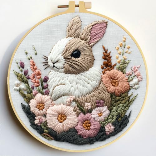 Punch Needle Kits Rabbit in Flowers 20x20cm-2