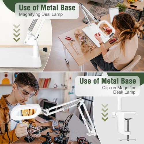 Veemagni 12X Rectangle Magnifying Glass with Light and Stand, 5 Color Modes Stepless Dimmable, 2-in-1 LED Lighted Desk Lamp & Clamp, Hands Free Magnifier for Reading Crafts Painting Close Work - White - color: White