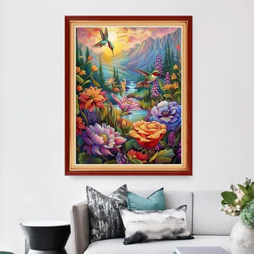 Dimensean Stamped Cross Stitch Kits Full Range of Embroidery Patterns Starter Kits for Beginners Adult DIY Cross Stitches Needlepoint Kits 11CT-Hummingbird Scenery 16x20 inch - color: Arts kits 10