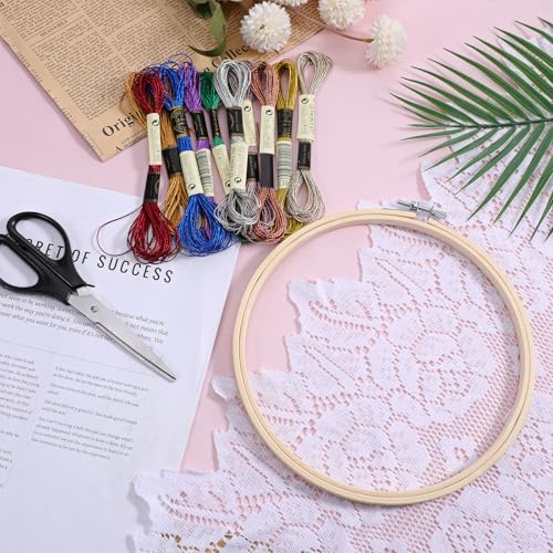 KALIONE 10 Skeins Embroidery Floss with 1 Pcs 8 Inch Round Embroidery Hoop Frame, 10 Colors Metallic Polyester Threads, Circle Imitated Wood Display Frame for DIY Embroidery Crafts (8 m 12 Strands)