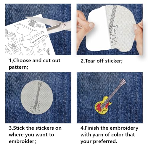 BENECREAT 4 Sheets 76Pcs Music Water Soluble Embroidery Patterns, Guitar Hand Sewing Stabilizers Stick and Stitch Embroidery Paper for Embroidery Beginners, Shirts, Coats, Bags, Towels - color: Music