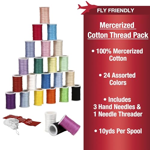 SINGER Mercerized Cotton Hand Sewing Thread Pack - 24 Assorted Colors, 10yds/ea, Mini Spools of Thread, Includes Hand Needles & Threader, Travel Friendly