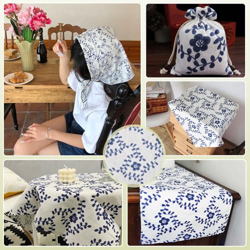 BENECREAT 3.17~3.3 Yards Linen Floral Fabric, 60 Inch Wide Decorative Fabric for Upholstery, Clothing Sewing and DIY Crafts, Blue & White