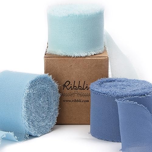 Ribbli Chiffon Ribbon 1.5 inch x 30 Yard Handmade Silk Ribbon,Light Blue/Baby Blue/Dusty Blue Fringe Chiffon Ribbon for Wedding Invitations, Bridal Bouquets Wrapping, Flower Arrangement Decoration - color: Lt.Blue/Baby Blue/Dusty Blue
