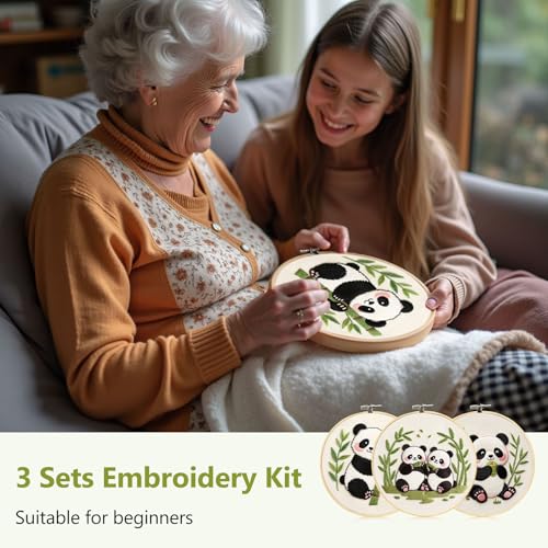 Santune Beginners Embroidery Kit for Adult Needlepoint Cross Stitch Kits Needle Point Sets with Panda Embroidery Patterns, Includes Step-By-Step Instructions and Accessories - color: Panda Series