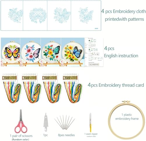 Zhenqing Butterfly Embroidery Kit 11.4x11.4 Inch - Complete Embroidery Set with Fabric, Threads, Needles & Hoop - Beginner-Friendly DIY Craft Kit for Adults (C0041) - color: C0041
