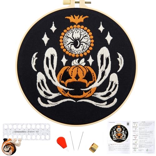 Halloween Embroidery Kits for Beginners Adults, Ghost Embroidery Starter Kits, Halloween Cross Stitch Kits for Beginners Adults Hobbies for Women, Embroidery Fabric, Threads, Hoops and Video Tutorial - color: H2010