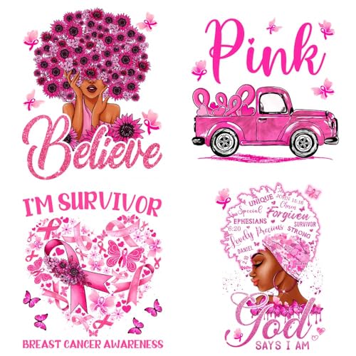 4 Sheets Breast Cancer Awareness Iron on Patches Pink Ribbon Heat Transfer Vinyl Decals Breast Cancer Iron on Transfer Stickers Women Car Design DTF Transfer Ready to Press for T-Shirt Hat Clothes - color: F