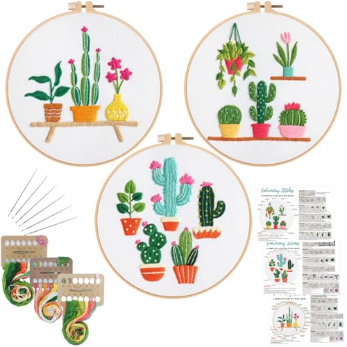 Louise Maelys 3 Pack Cactus Embroidery Kit for Beginners Plant DIY - color: Cactus