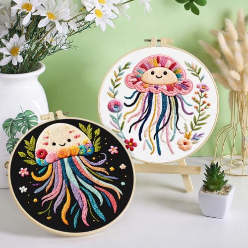 ERKOON 3 Sets Embroidery Kit for Adult, Hummingbird Cross Stitch Set for Beginner Include Embroidery Cloth Hoops Threads for Craft Lover Hand Stitch (Jellyfish) - color: Jellyfish