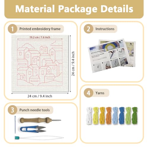 DOODLREAM Colorful Buildings Punch Needle Kit for Beginner 9.4" x 9.4" - color: City Buildings