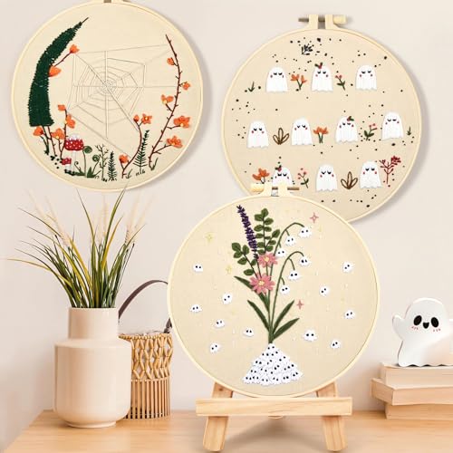 Crafmanoe Cute Ghost Embroidery Kit for Beginners Adults, Halloween Embroidery Starter Kits, Funny Counted Cross Stitch Kits for Beginner Adult Hobbies for Women, 3 Set Embroidery Hoop, Fabric, Thread - color: Cute