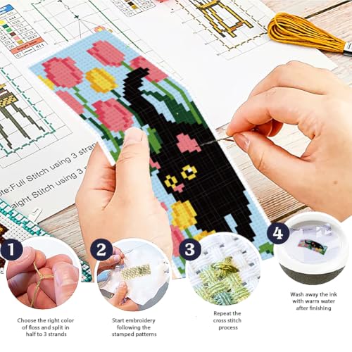 ACRNIGHEET 6PCS Cross Stitch Bookmark Kit for Beginner Stamped Cross Stitch Kits for Adults Cat & Floral DIY Tassel Embroidery Bookmark Kits Needlepoint Kit with Instructions Craft Gift 8.5''x3'' 11CT - style: Black Cat Floral with Tassel