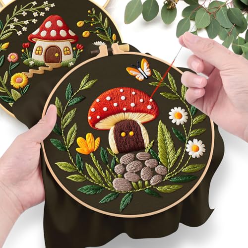 ERKOON Embroidery Kit for Beginners, 2 Set Flower Cross Stitch Set Include Embroidery Cloth Hoops Threads for Craft Lover Hand Stitch with Embroidery Skill Techniques (Mushroom) - color: Mushroom