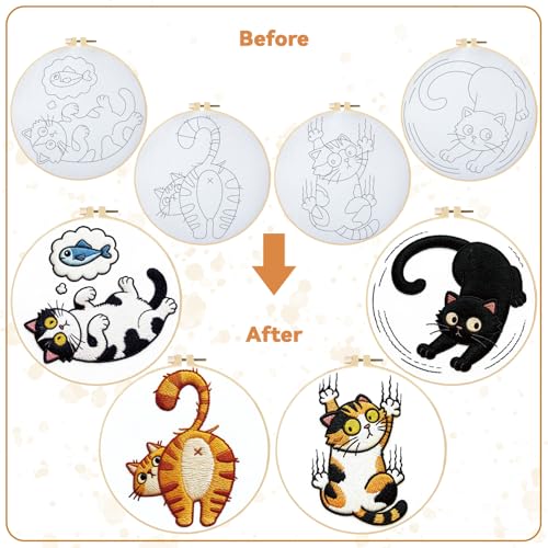 BEUNITONE 4PCS Fun and Funny Cat Embroidery Kit for Beginners, Cute Pre-Print Cat Pattern Hand Embroidery Kits with Hoop and Instruction, DIY Needlepoint Craft Kit for Gifts and Home Decor - style: A-Cat-02