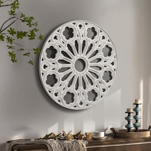 XIAOAIKA Round Hand-Carved Wood Wall Art, Floral Geometric Design, 24 Inch - color: White