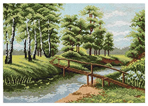 Povitrulya Counted Cross Stitch Kit 'River in Summer', 9.84"x7.48", 16 Count Aida, DIY Embroidery Kit for Adults with Landscape Pattern - color: River in Summer