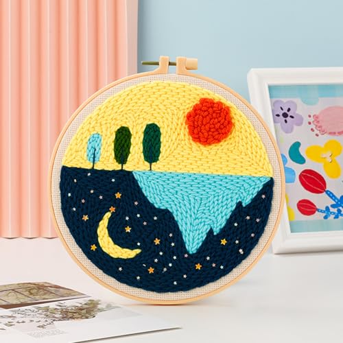 Woohome Punch Needle Kit Included Plastic Hoops, Punch Needle Cloth, Color Yarn and Punch Needle Tools for Adults, Beginners (Flower, Lake and Bear) - color: Color 21