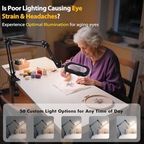Magnifying Glass with Light Square Magnifier Desk Lamp 10X Close Up Work for Desktop Bench Crafting, Reading, Sewing, Ultra Long Swing Arm 3-Section, 5 Color Modes Design Rectangle Head Controller