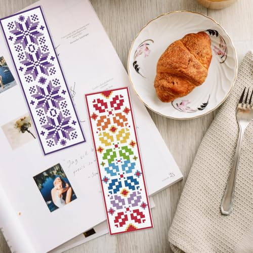 INFUNLY 6PCS Flower Cross Stitch Bookmark Kit for Beginners 8.66"×3.15" Boho Plaid Flowers Embroidery Bookmark Kits Geometric Pattern Cross Stitch Kit with Instruction for Book Lovers Reader Writers - style: Plaid Flowers