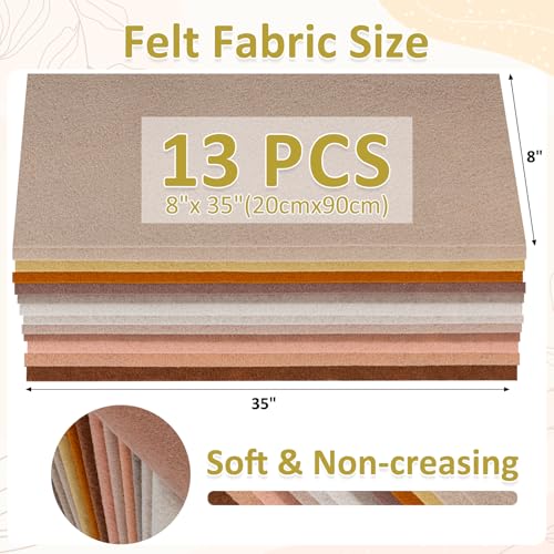 XSEINO 13 Rolls 8"x35" 1.4mm Thick Soft Felt Fabric Sheet 13 Assorted Light Brown Series Colors Felt Pack for DIY Craft Sewing Squares Nonwoven Patchwork - color: Light Brown Hues