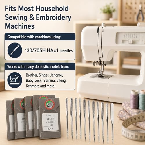 50 Pcs Embroidery Sewing Machine Needles Size 90/14 130/705H HAx1 Sewing Needles for Brother Sewing Machine (5 Pack of 10 Needles) - style: 50pcs- 90/14