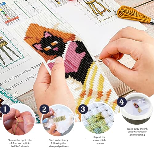 ACRNIGHEET 6PCS Cross Stitch Bookmark Kit for Beginner Stamped Cross Stitch Kits for Adults Cute Reading Cat DIY Tassel Embroidery Bookmark Kits Needlepoint Kit with Instructions Gift 8.5''x3'' 11CT - style: Reading Cat with Tassel