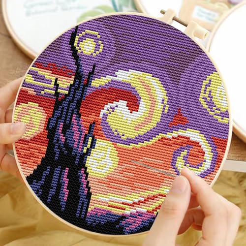 TCDZMYGS Stamped Cross Stitch Kits for Beginners-Starry Sky,with Hoop - color: Starry Sky-2603