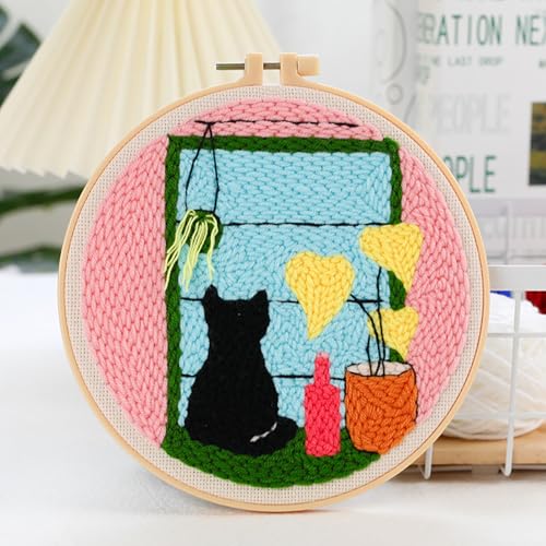 Woohome Punch Needle Kit Included Plastic Hoops, Punch Needle Cloth, Color Yarn and Punch Needle Tools for Adults, Beginners (Cat and Vase) - color: Color 23