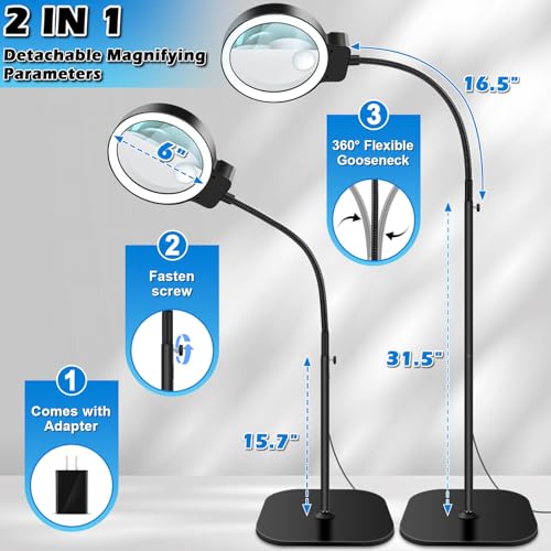 30X 10X Large Floor Magnifying Glass with Light and Stand - color: Black