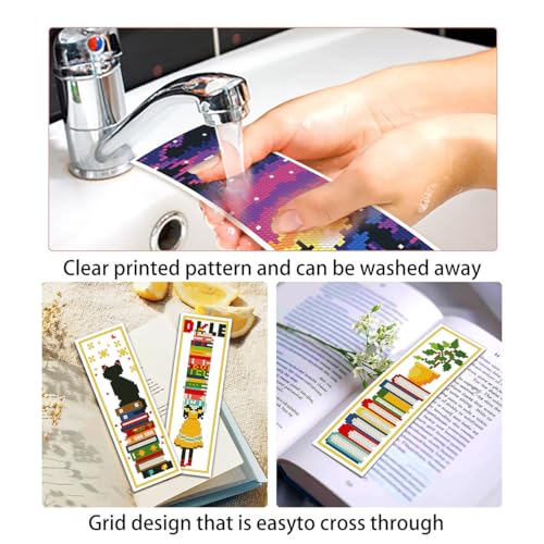 Zhenqing Bookish Cat Stamped Cross Stitch Bookmark Kit, 6 Bookshelf and Reading Designs on 11CT Printed Fabric for Adults and Beginners, Gift for Book and Cat Lovers - color: Cat Bookshelf Bookmarks