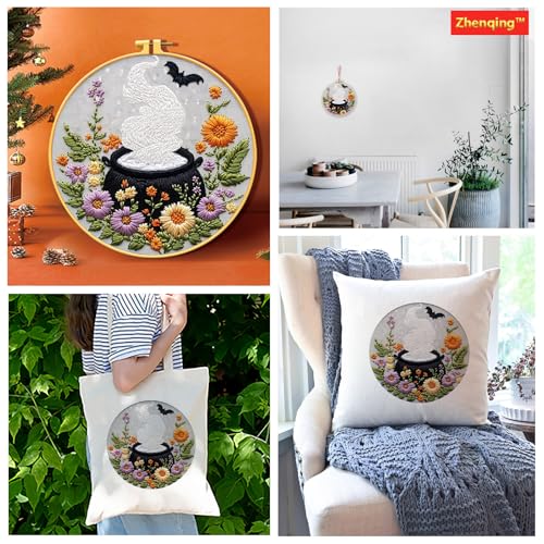 Zhenqing Halloween Cauldron Embroidery Kit for Beginners, Magic Pot Witch Decor Needlework Kit with Pre-Printed Cotton Fabric, Hoop, Threads & Tools, Spooky DIY Wall Art (C0120) - style: Halloween Cauldron