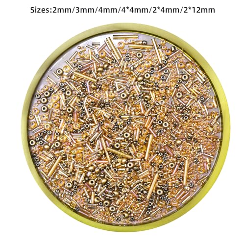 2000PCS Mixed Glass Bugle Beads Glass Gold Seed Micro Tube Bead 1.5-4.5mm Small Gold Embroidery Beads for Jewelry Making