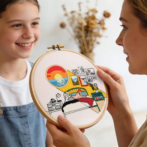 Embroidery Kits for Beginners Adults Sunrise Hand Embroidery Starter Kits, Cross Stitch Kits for Beginners DIY Craft Kits for Adults Women, Entire Set of Embroidery Supplies Full-length Video Tutorial - color: H2066