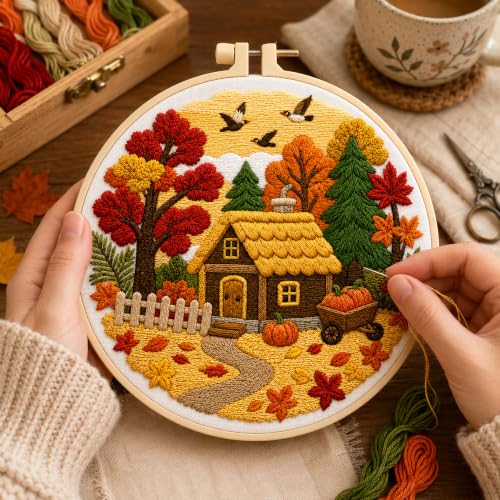 Zhenqing Autumn Cottage Embroidery Kit for Beginners, Fall Harvest Needlework Kit with Pre-Printed Cotton Fabric, Hoop, Threads & Tools, Pumpkin Home Decor (C0143) - color: Autumn Cottage