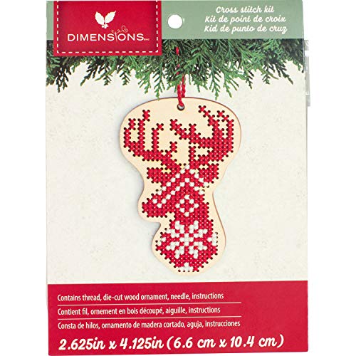 Dimensions Counted Cross Stitch, Reindeer Wooden Christmas Ornament Craft Kit, 1 Pc, Red,White