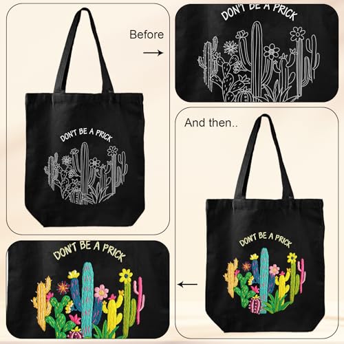 Louise Maelys 2 in 1 Embroidery Kit Canvas Tote Bag with Cactus Design - color: funny cactus