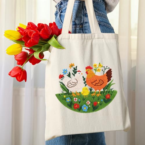Louise Maelys Embroidery Kit Canvas Tote Bag, Chicken Floral Pattern - color: Rooster