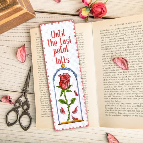 Povitrulya Until the Last Petal Falls - Counted Cross Stitch Bookmark Kit - True Love Embroidery Set for Adults with Paper Pattern, 16-Count Aida Canvas and Presorted Floss - color: Last petal