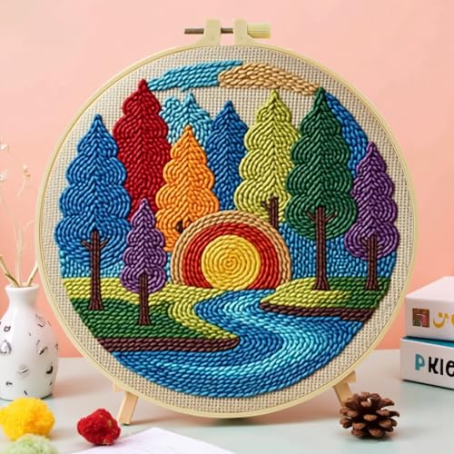 ZuoAnLF Punch Needle Kit for Beginner, Rug Yarn Hooking Beginner Kit with Instruction, Punch Needle Fabric with Pattern, Yarns, Embroidery Hoops for Punch Needle 20CM/9.8INCH (Tree) - color: tree