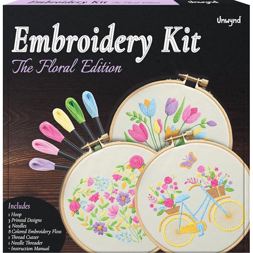 Unwynd Embroidery Kit Floral for Adults and Beginners, Cross Stitch Crafts - style: Pack of 3 - Floral Edition