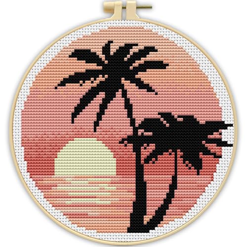 TCDZMYGS Stamped Cross Stitch Kits for Beginners-Sunset Scenery,with Hoop - color: Seascape-2603