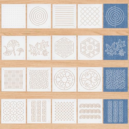 BENECREAT 16Pcs Mixed Styles Plastic Sashiko Stencil, 5x5inch Dots & Lines, Grid, Hexagons, Plants Embroidery Tool Drawing Line Template for Hand Quilting and Embroidery, 0.3mm Thick - style: Hexagons Patterns