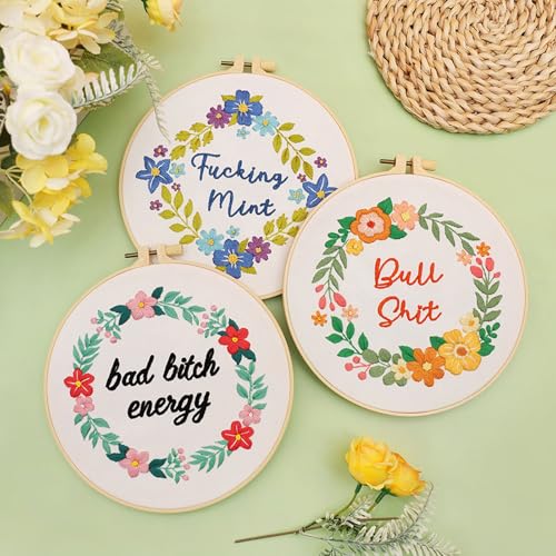 Louise Maelys 3 Pack Funny Quote Embroidery Kit for Beginners Floral - color: kit-18