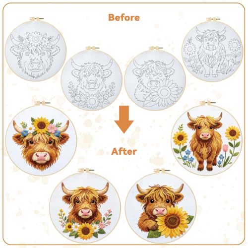 BEUNITONE 4pcs Embroidery Kit, Highland Cow & Sunflowers Stamped Embroidery Kits with Hoop, Thread & Needles, Colorful Cross Stitch Kits Sewing Gifts for Adults and Beginners, DIY Craft for Relaxation - style: A-Highland Cattle