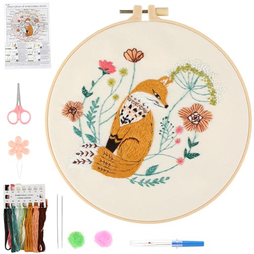 Beginner Fox Embroidery Kit for Adults, Pre-Printed with Video Tutorial - color: Fox