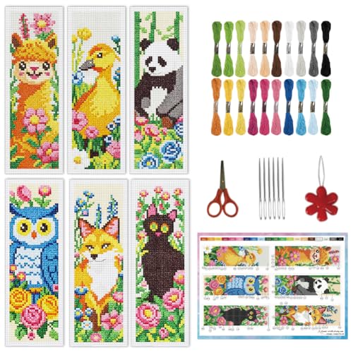 INFUNLY 6Pcs Animal Cross Stitch Bookmark Kit 3x8.5 Inch Stamped Embroidery Kit for Adults with Backing Felt Floss Pre Printed Fabric Needlepoint Bookmark Set DIY Craft Gift for Readers Writers - style: Animals