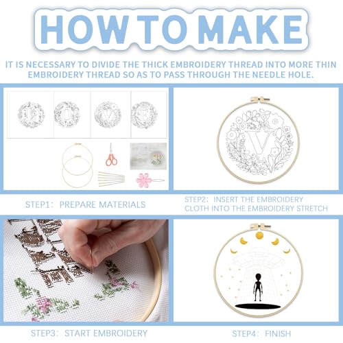FREEBLOSS 4 Sets 11.6" Embroidery Kit for Beginners Needlepoint Embroidery Starter Kit with Flower Stamped Patterns, Instructions, Colored Threads, 2 Hoops - style: Love Flower