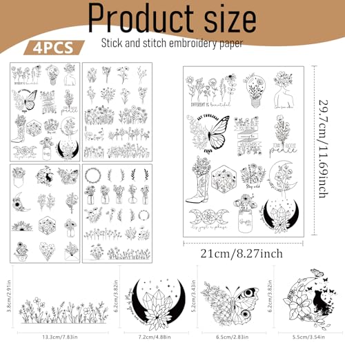 Water Soluble Stabilizer Embroidery Paper, 4 Sheet 60 PCS Boho Stick and Stitch Embroidery Paper Wash Away, Butterfly Flower Moon Transfers Papers DIY Crafts Gifts for Hand Sewing Lover Beginners - size: Boho Flower
