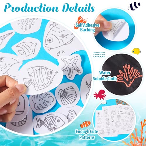Magibeads 64 Patterns Sea Animal Fish Water Soluble Embroidery Patterns Jellyfish Koi Shell Conch Summer Ocean Beach Theme Stick and Stitch Embroidery Paper Wash Away for Beginners Starter - color: Sea Animal